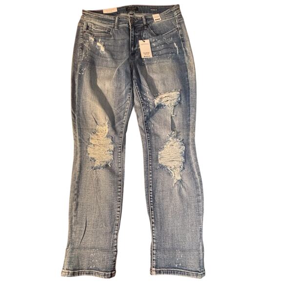 Judy Blue Boyfriend Fit Jeans 14W Mid Rise Distressed Paint Spatter Stretch NWT - Picture 1 of 15